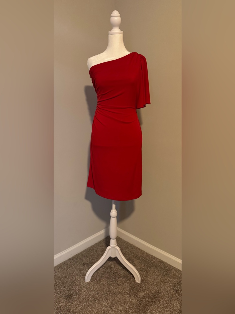 Calvin Klein Red One-Shoulder Ruched Cocktail Dress